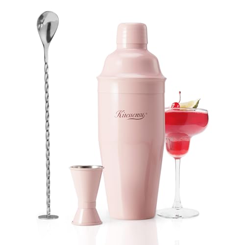 KITESSENSU Cocktail Shaker Set, Stainless Steel Martini Shaker with Bartender Strainer, Measuring Jigger, Bar Mixing Spoon, Cocktail Recipe Included, Pink