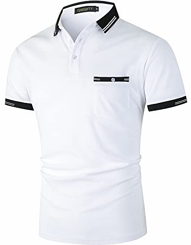 GNRSPTY Polos de Golf Manga Corta Hombre con Bolsillos Reales Algodón Camisetas Casual Colores de Contraste Deporte Tennis Camisa T-Shirt,Blanco,XL Cover