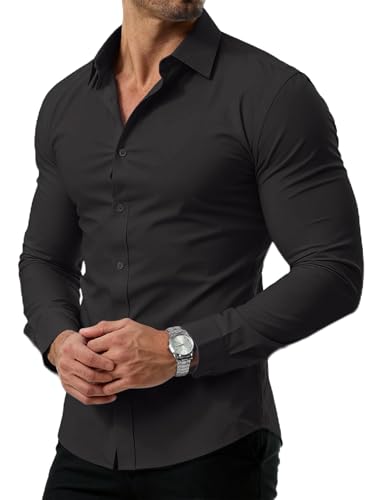 PLEPAN Mens Black Muscle Fit Stretch Dress Shirt Stain Proof Wrinkle-Free Long Sleeve Button Down Casual Shirts Black L