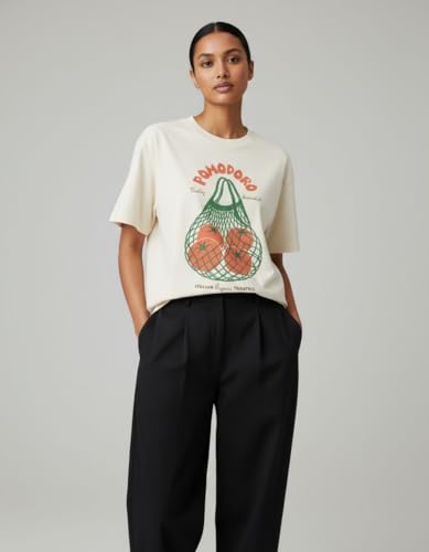 Image of Oversized Cotton T-Shirt for Women Half Sleeve Pomodoro Printed Tee - Breathable Loose Fit Asthetic Casual Wear for College and Daily Ou Outfits, Streetwear