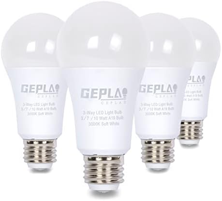 GEPLAD 4 Pack 3-Way Light Bulbs 30 70 100W Soft White 3000K Equivalent, Three Way LED Bulb 3/7/10W,400-1000-1400LM A19 E26 Base Light Bulb