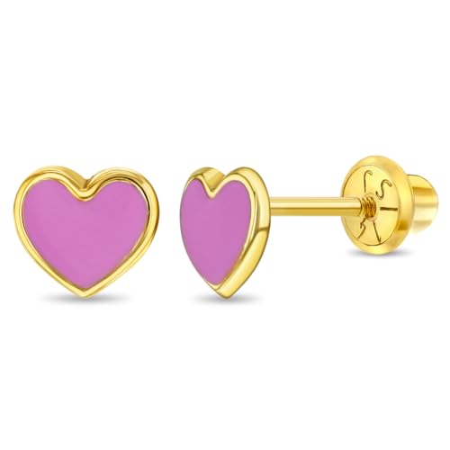 14k Yellow Gold 5mm Pretty Pink Enamel Heart Screw Back Earrings for Young Girls - Hearts Safety Screw Back Locking for Children - Cute & Fashionable Heart Screw Backs for Little Girls & Toddlers
