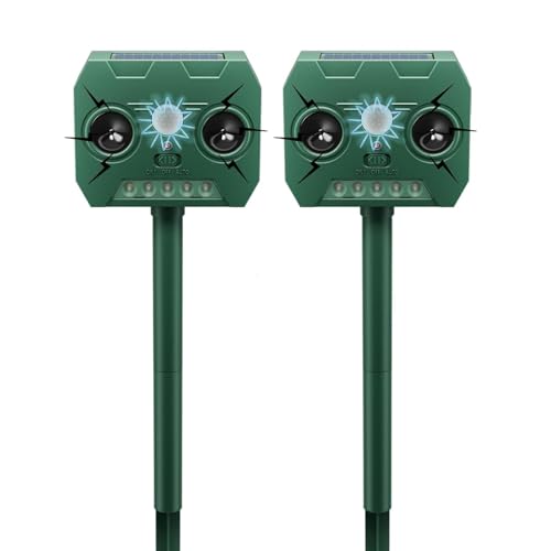 Solar Ultrasonic Animal Repellent 2 Pack, Outdoor Motion Activated Deterrent with Flash Light, Solar Powered Deer Cat Raccoon Squirrel Repeller for Yard, Garden, Farm