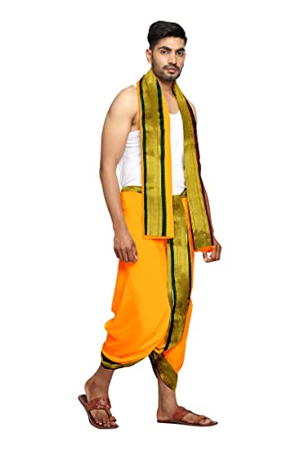 Image of Rameshwaram Fabrics Readymade Dhoti for Men, Velcro Style Stitched Mens Silk Dhoti Pant with Stole Set