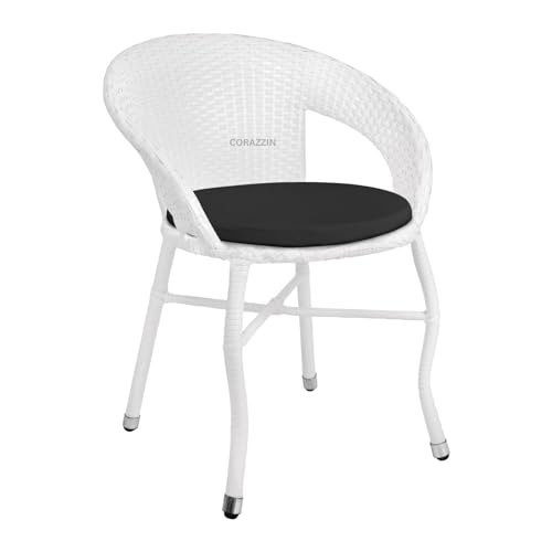Image of Rattan Wicker Garden Patio Seating Chair and Table Set for Outdoor Balcony Garden Coffee Table Set Furniture with 1 Table and 2 Chair with Black Cushion (White)