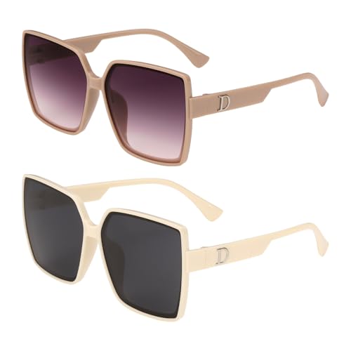 Image of sourcing map 2pcs Sunglasses for Women Men, PC Large Frame D-Shaped Trendy Sunglasses Sunshine Protection Shades for Driving, Shopping and Taking Photos, Beige & Beige