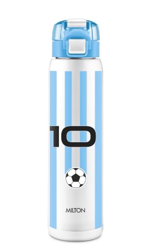 Image of Milton Steel Soccer 900 Thermoware Water Bottle 600 ml with One Touch Safety Lock & Twin Lid Sip or Gulp, Long Hours Hot & Cold, Leak Proof, ISI Certified, PU Insulated, for Kids, Gym, School,Sky Blue