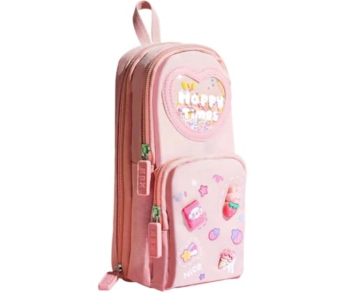 Image of PRANIJ Cute Aesthetic Large Capacity 6 Layer with 3 Compartment Pencil Case Pouch with Zipper Portable Stationery Organizer for School College Boys Girls Women Men (Pink - Happy Times)