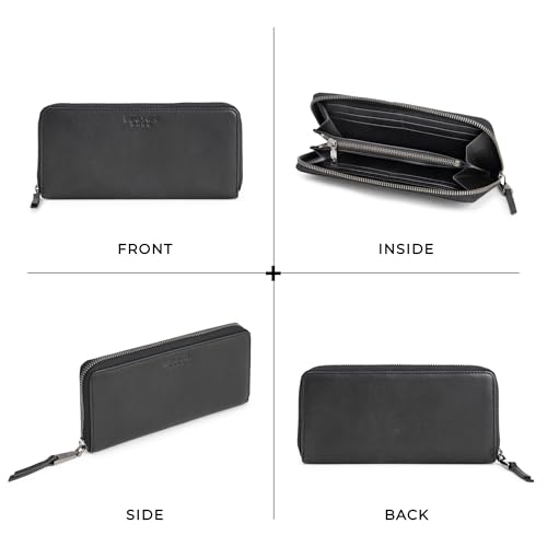 Image of BERLINER BAGS Genuine Leather Zip Wallet Women Palma, Gift Box - Black | Soft Leather Zip Around Wallet, 14 Card Slots, 1 ID Window, 2 Bill Compartments, Zippered Coin Pocket, RFID Blocking