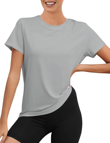 Rapbin Camiseta de gimnasio para mujer, transpirable, de secado rápido, protección UV, UPF 50+, ajuste holgado, camiseta deportiva de verano, gris claro, M
