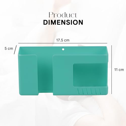 Image of Prolet Wall Mount Mobile Charging Holder with Storage Box & AC /TV Remote Organizer, Self-Adhesive Phone Plug Stand, Multipurpose Wall Shelf, Space Saving Mobile Holder for Home & Office (Green)