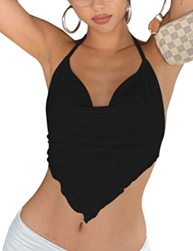 Meladyan Women Cowl Neck Spaghetti Strap Halter Bandana Crop Cami Lace Up Backless Strappy Hanky Cropped Vest Tank Tops (Small, Black)