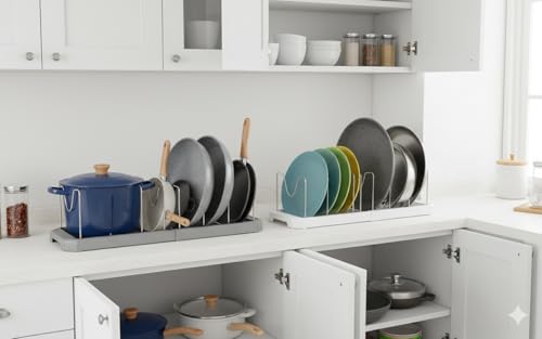 Image of STAR WORK Expandable Pull-Out Pan & Pot Organizer Pan Dish Rack Stand Organizer for Cabinet Kitchen Cabinet Cookware Baking Frying Rack (GREY)