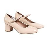 Womens 2.25 inch Heel Shoes - Round Toe Ladies Shoes Ankle Strap Pumps Mid Block Heels for Dressy Work Date Wedding Party, Nude Patent, 6