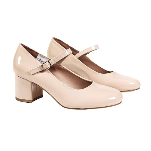 Image of Womens 2.25 inch Heel Shoes - Round Toe Ladies Shoes Ankle Strap Pumps Mid Block Heels for Dressy Work Date Wedding Party, Nude Patent, 5