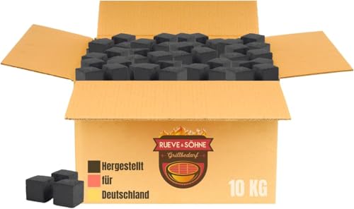 RUEVE&SÖHNE - 10 KG BBQ Grillkohle 28er | Naturkohle aus Kokosnussschalen mit Steakhouse Qualität | Hochwertige Kokos Coal Cubes | BBQ und Kokoskohle Briketts I Ab in den Grill