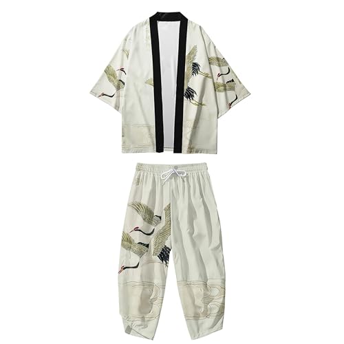 Image of DOSLAVIDA Men's Japanese Kimono Jacket Set Stylish Open Front Coat With Shorts Chinese Style Printed Cardigan Suit
