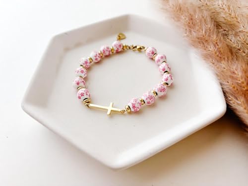 Cross Bracelet for Women,Jesus Christian Gifts Gold Beaded Dainty Link Chain Bracelet Flower Ceramic Bracelet Heart Vintage Jewelry2
