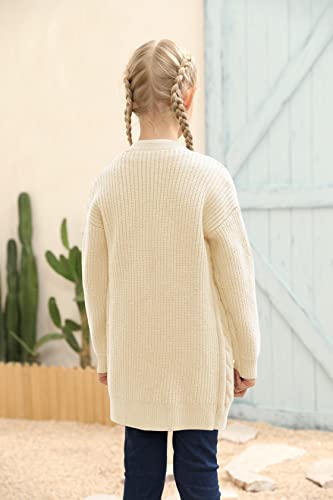 Image of Ermonn Girls Kids Open Front Cardigans Sweaters Long Sleeve Knit Cute Sweater Outwears with Pockets for 5-14 Years White
