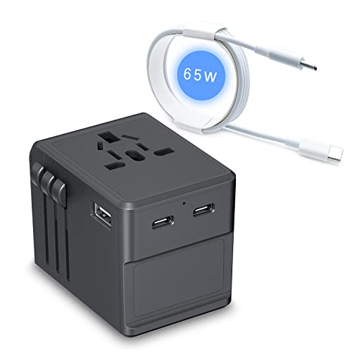 Global Travel Adapter 65W Fast Charger with 2 Type-c and 1 USB Universal Travel Plug adapters with 1M Lightning Cable for Over 200 Countries Including UK Japan China EU (Grey)