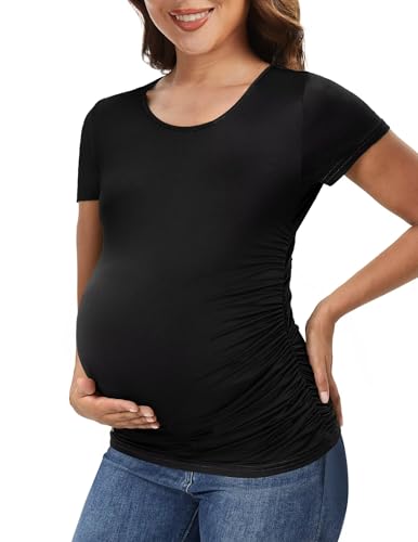 Fotociti Maternity Shirts for Women Short Sleeve Pregnancy Top Soft Stretch Crew Neck Side Ruched Maternity Tee Casual Work Black