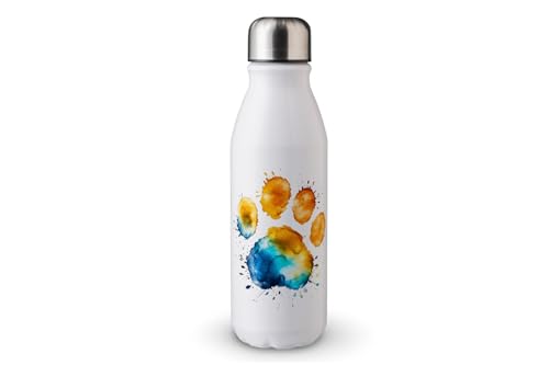 MAXIKIWI - Single Wall Water Drinking Bottle with Screw Cap, Non Insulated Lightweight Aluminium, BPA Free, Leak-Proof - Colorful Paw Print - 500ml
