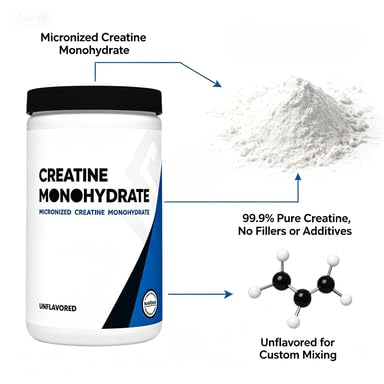 Monohidrato de creatina en polvo micronizado - Suplemento de creatina micronizada - Vegano, sin OGM, sin gluten