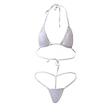 ENGKELAI Sexy Bikini Underwear Women's Three-Point Swimsuit Suit Transparent mini lace up Thong (White)
