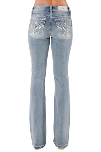 Miss Me Women's Crissy Mae Cross-Stitched Faux Flap Pockets Mid-Rise Bootcut Jeans