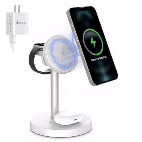 [2025] 3-in-1 Wireless Charging Station for iPhone 16/15/14/13/12, Apple Watch 9/Ultra 2, AirPods | 20W Fast Charger, Mag-Safe Compatible, Bedside Dock with 20W Power Adapter (White)