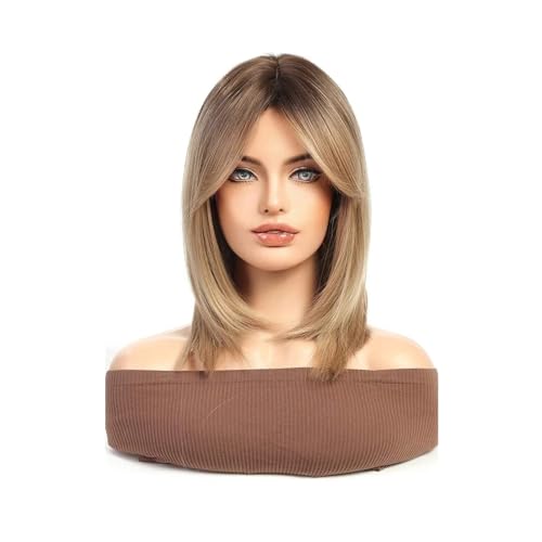 Perruque blonde cendrée frange rideau cheveux mi-longs ondulés ombrés