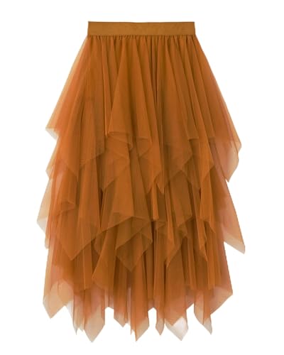 Tulle Skirts for Women 3 Layered High Low Asymmetrical Midi Length Elastic Waist Mesh Tutu Skirt (Yellow)