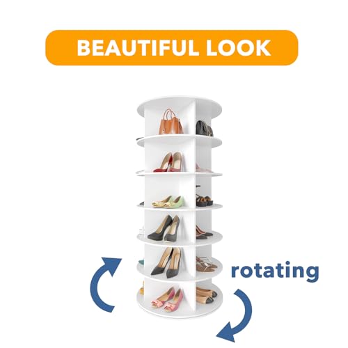 SpaceAid 6 Tier Rotating Shoe Rack Tower, Spinning Shoe Display Lazy Susan, Revolving 360 Shoe Rack Storage Round Carousel, Vertical Handbag Rotate Shoes Closet Organization (6-Tier White)
