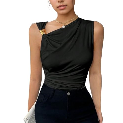 Auriselle Top sin Mangas para Mujer Y2K Verano Sin Mangas Metálico Decorativo Corte Estrecho Chaleco con Volantes Tejidos elásticos Sexy Slim Fit Top Ajustado Fiesta Ocio Chaleco Plisado, Negro, S