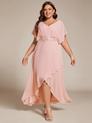 Image of Ever-Pretty Plus Ever-Pretty Women's Plus V Neck Applique Short Sleeves Tea Length Wedding Guest Dress Pink US20