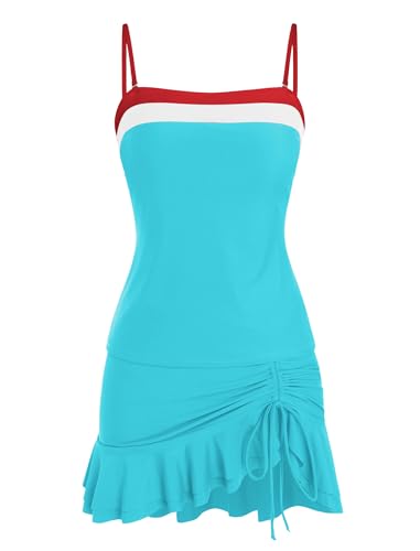 Image of ZAFUL Colorblock Bandeau Tankini Swimsuits for Women 2 Piece Tummy Control Bathing Suit Drawstring Ruffle Swim Skort