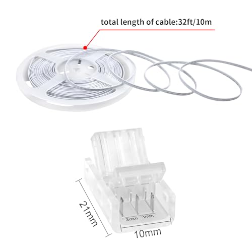 Aroidful 32.8ft 3Pin LED Strip Light Extension Cable Wire and 10Pcs 3 Pin LED Strip Connectors Strip to Wire Connection for 10mm Wide Waterproof or Bare Panel 2812-2811-6803-1903 LED Strip Light