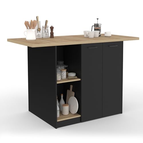 IDMarket - Ilot central BAO 140 cm 4 personnes bois noir avec plan de travail façon hêtre