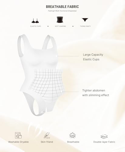 Image of FeelinGirl Bodysuits for Women Seamless Square Neck Tummy Control Compression Thong Shapewear Bodysuit Tank Tops Bodysuit