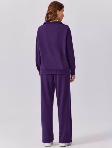 Image of PINSPARK 2 Piece Sets for Women 1 /4 Zip Lounge Matching Set Fall Outfits | Oversized Sweatshirt, Long Sleeve Pullover, Wide Leg Pants with Drawstring Pockets, Sweatsuit, 2026 Travel Airport Tracksuit