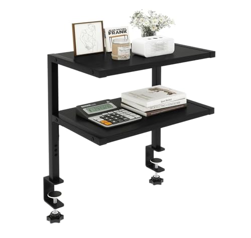 Image of 2 Tier Desk Shelf Clamp-On Above or Under - Desktop Organizer for Office Accessories & Gaming Setup, Black, Tool-Free Installation