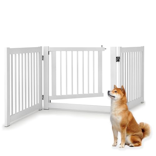 SOARS Cancelletto per Cani Pieghevoli 210 x 61 cm, Barriera per Cani in Legno a 3 Pannelli con Porta a Serratura, Recinzione per Scale, Ingressi e Corridoi (Bianco)
