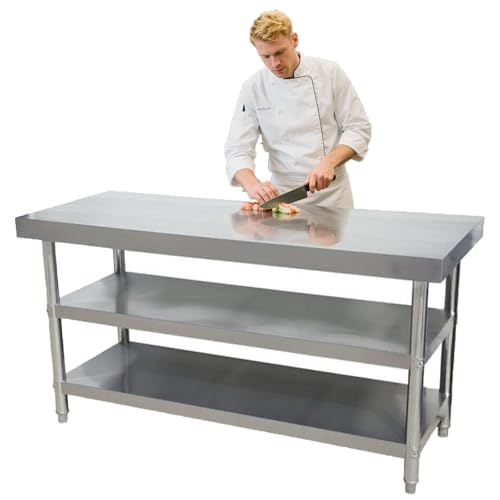 Stół kuchenny ze stali nierdzewnej z otwartą podstawą i półkami, stacja robocza 160 cm x 60 cm, blat o grubości 7 mm, do baru, restauracji, kawiarni, wszechstronny komercyjny stół roboczy