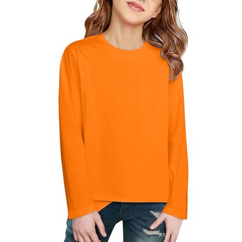 Camiseta de manga larga para niñas de 1 a 16 años, de algodón, lisa, cuello redondo, para adolescentes, escuela, capa base, naranja, 9-10 años