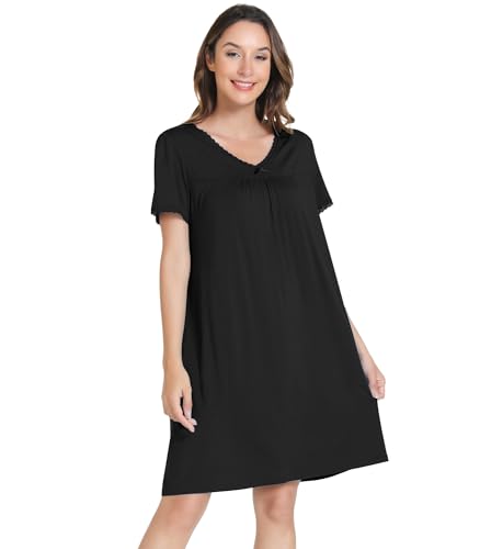Image of NACHILA Women's Nightgowns Short Sleeve Sleepshirts Cooling Nightshirts Soft Sleepdress, Viscose Made from Bamboo
