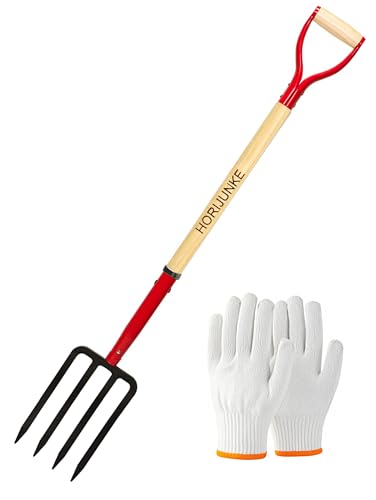 HORIJUNKE Heavy Duty Garden Fork for Digging, 4 Tines Pitch Fork for Gardening Compost, Garden Pitch Fork with Wooden Handle, 45 Inches-Red