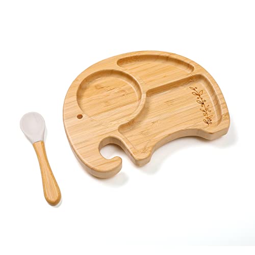 Image of Mamimami Home Baby Bamboo Suction Plates Set with Spoons, Baby Food Dishes Feeding Set for Led Weaning Plate, Baby Utensils Set,White Elephant