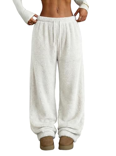 Image of ZAFUL Women's Fuzzy Plush Pajama Pants Wide Leg Pj Bottoms Lounge Pants | Soft Fluffy Sleep Pants Drawstring Elastic Waist Teddy Pjs for Women No Pockets