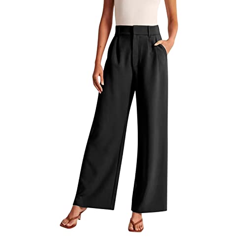 YOLAI Women Wide Leg Pants Work Business Casual High Waisted Pants Flowy Lightweight Trousers with Pockets (Black, XL)