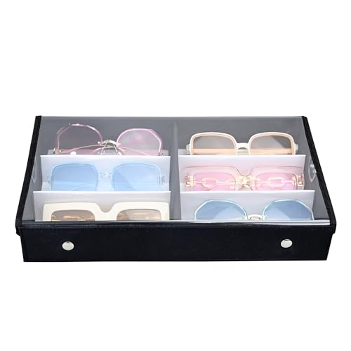 Image of Ikee Design Large 6 Slot Eyewear Storage Organizer Box Display Case Holder, Durable Eye Glasses Storage for Eyeglasses, Watches and Jewelry 13 3 /8 W x 7 3 /4 D x 2 1 /4 H in, Black
